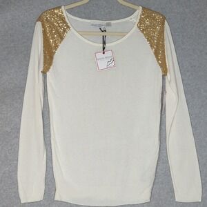 New Bisou Bisou Ivory Knit Long Sleeve Top‎ with Gold Sequin Shoulder Detail S